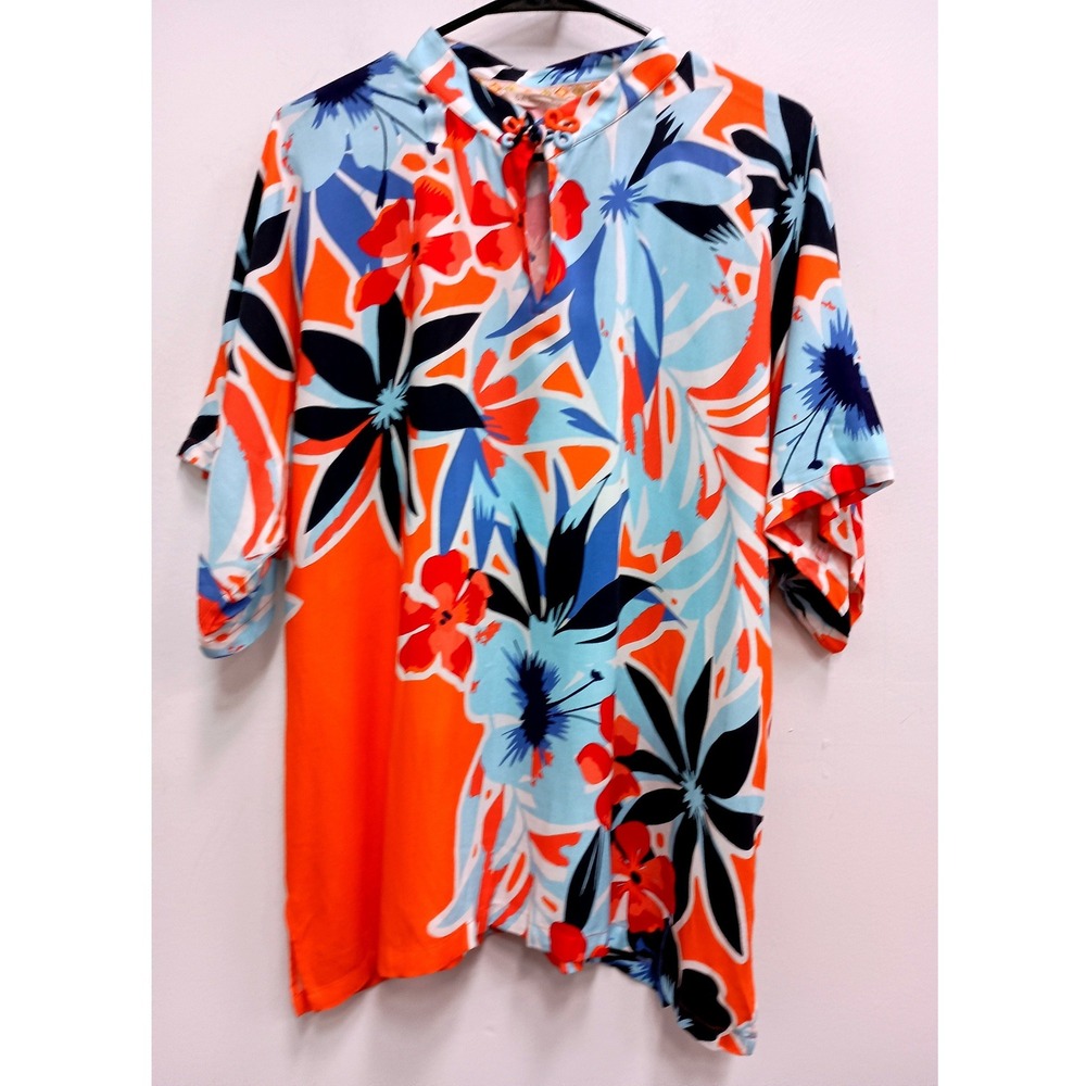 Soft Surroundings Tunic Top Womens Medium Orange Blue Floral Boho Short Sleeve